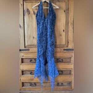 SHKANK Vintage Y2K 90's Prom Dress Blue Fishtail Halter Mermaid Mermaidcore